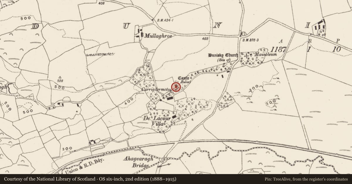 Ordnance Survey six-inch map, 2nd edition (1888–1915) covering the location of Castle - unclassified, Dunisky, County Cork, with a pin at the register's coordinates