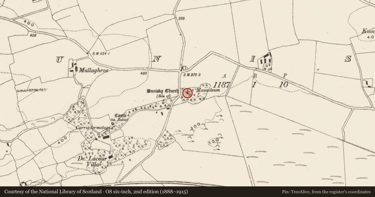 Ordnance Survey six-inch map, 2nd edition (1888–1915) covering the location of Church, Dunisky, County Cork, with a pin at the register's coordinates