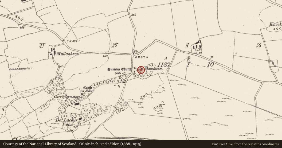 Ordnance Survey six-inch map, 2nd edition (1888–1915) covering the location of Designed landscape - folly, Dunisky, County Cork, with a pin at the register's coordinates