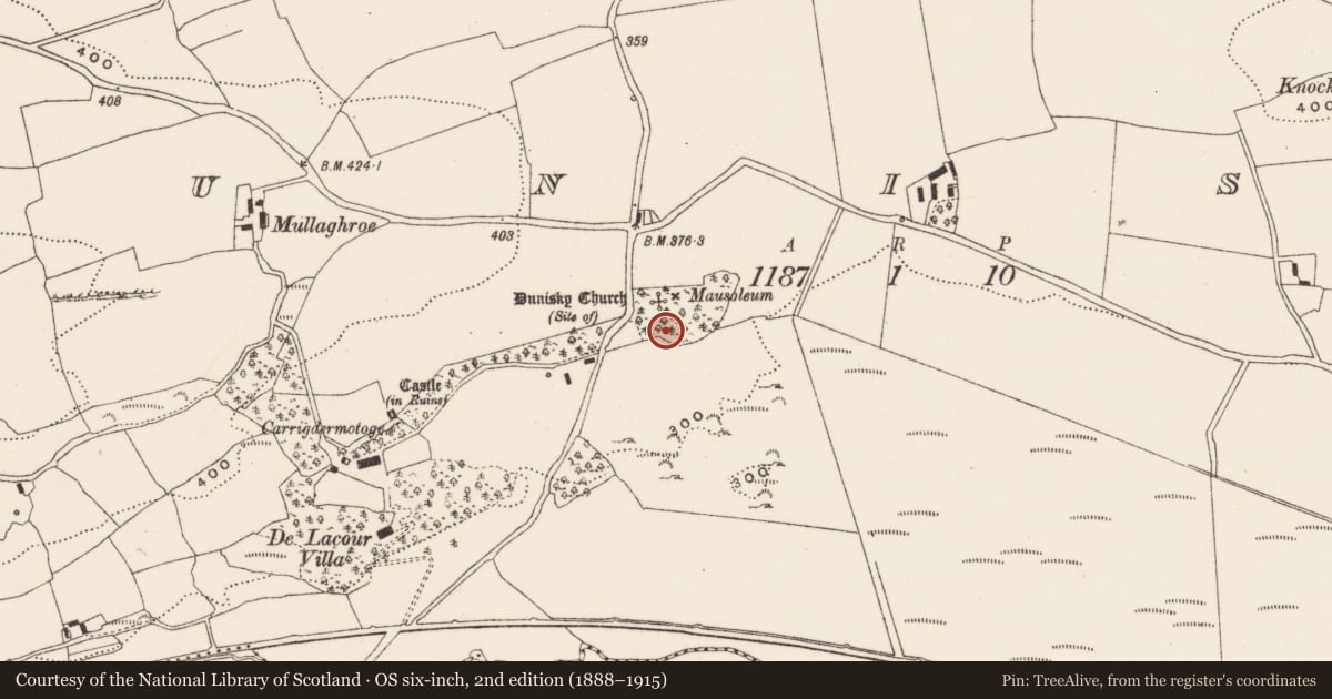 Ordnance Survey six-inch map, 2nd edition (1888–1915) covering the location of Souterrain, Dunisky, County Cork, with a pin at the register's coordinates