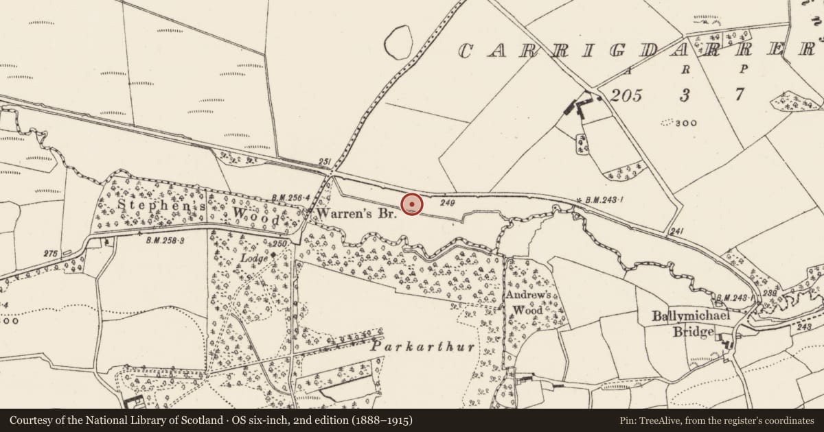 Ordnance Survey six-inch map, 2nd edition (1888–1915) covering the location of Fulacht fia, Carrigdarrery, County Cork, with a pin at the register's coordinates