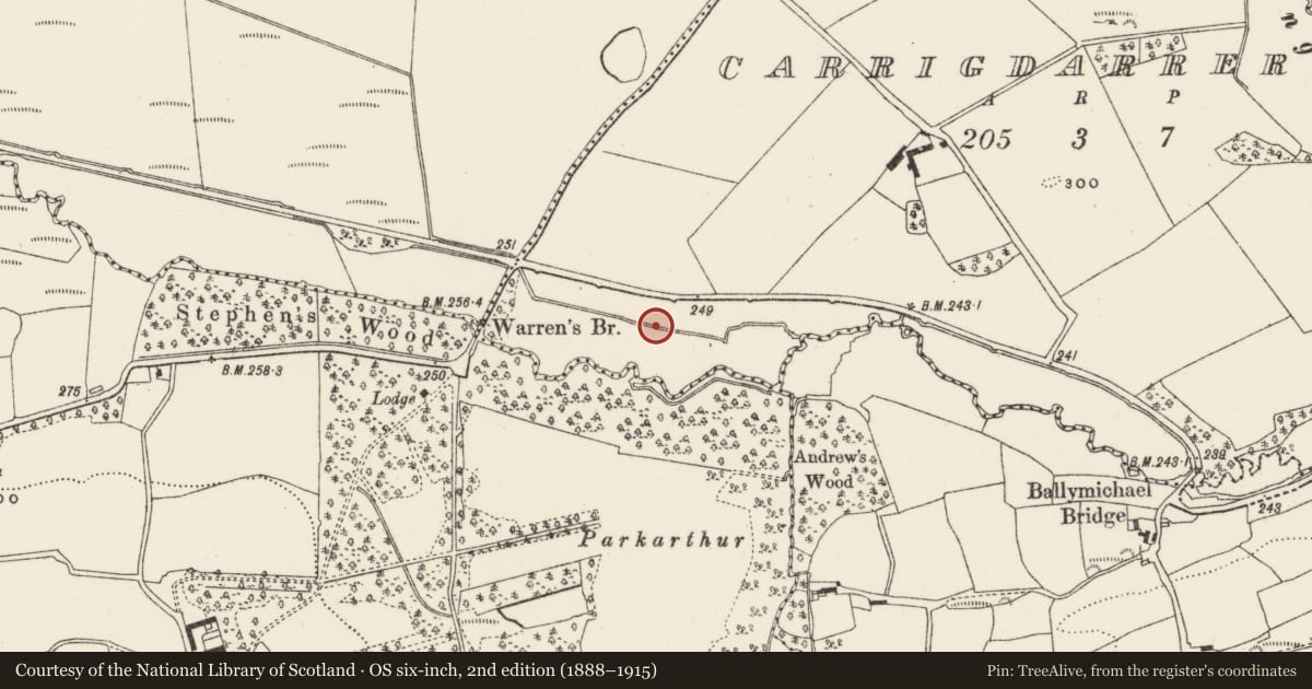 Ordnance Survey six-inch map, 2nd edition (1888–1915) covering the location of Fulacht fia, Carrigdarrery, County Cork, with a pin at the register's coordinates