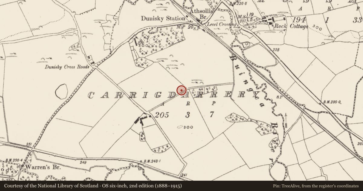 Ordnance Survey six-inch map, 2nd edition (1888–1915) covering the location of Souterrain, Carrigdarrery, County Cork, with a pin at the register's coordinates