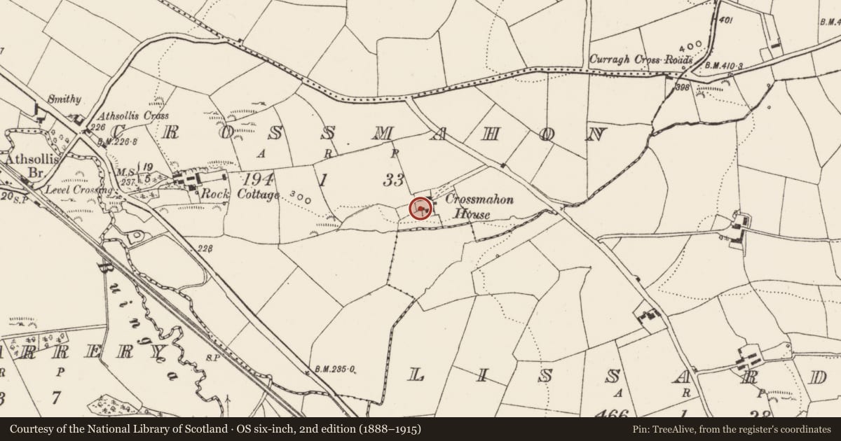 Ordnance Survey six-inch map, 2nd edition (1888–1915) covering the location of Church, Crossmahon, County Cork, with a pin at the register's coordinates