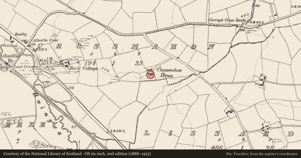 Ordnance Survey six-inch map, 2nd edition (1888–1915) covering the location of Country house, Crossmahon, County Cork, with a pin at the register's coordinates
