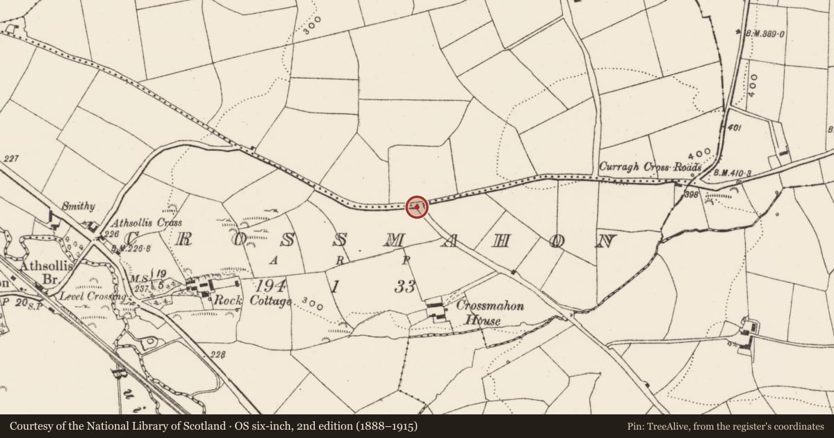 Ordnance Survey six-inch map, 2nd edition (1888–1915) covering the location of Burial ground, Crossmahon, County Cork, with a pin at the register's coordinates