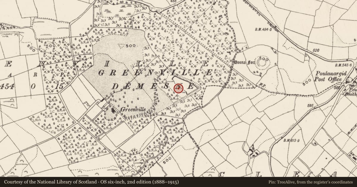 Ordnance Survey six-inch map, 2nd edition (1888–1915) covering the location of Designed landscape - ornamental lake, Greenville, County Cork, with a pin at the register's coordinates