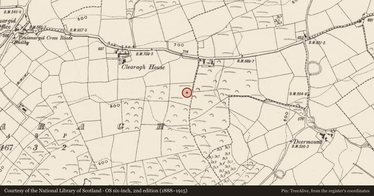 Ordnance Survey six-inch map, 2nd edition (1888–1915) covering the location of Fulacht fia, Clearagh, County Cork, with a pin at the register's coordinates