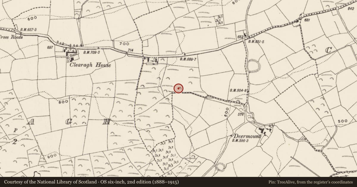 Ordnance Survey six-inch map, 2nd edition (1888–1915) covering the location of Fulacht fia, Kilbarry (Muskerry West By., Ballinadee Par.), County Cork, with a pin at the register's coordinates
