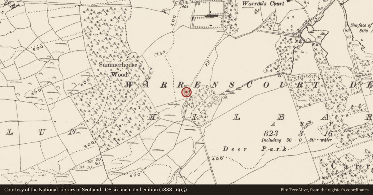 Ordnance Survey six-inch map, 2nd edition (1888–1915) covering the location of Burial ground, Kilbarry (Muskerry West By., Ballinadee Par.), County Cork, with a pin at the register's coordinates