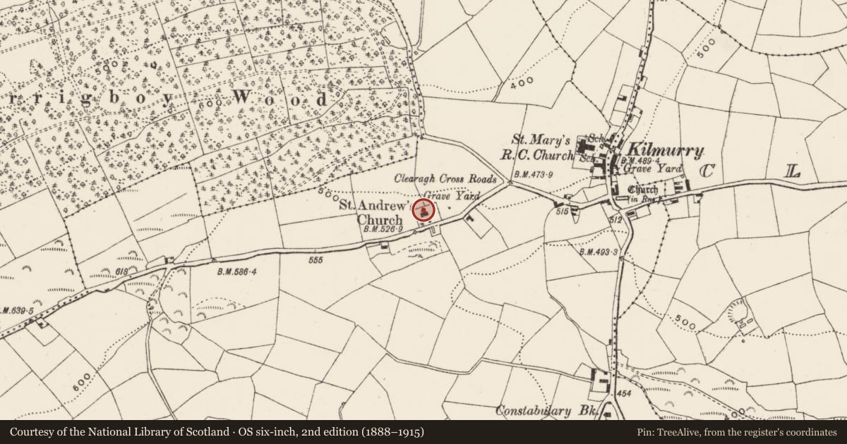 Ordnance Survey six-inch map, 2nd edition (1888–1915) covering the location of Graveyard, Coolduff, County Cork, with a pin at the register's coordinates