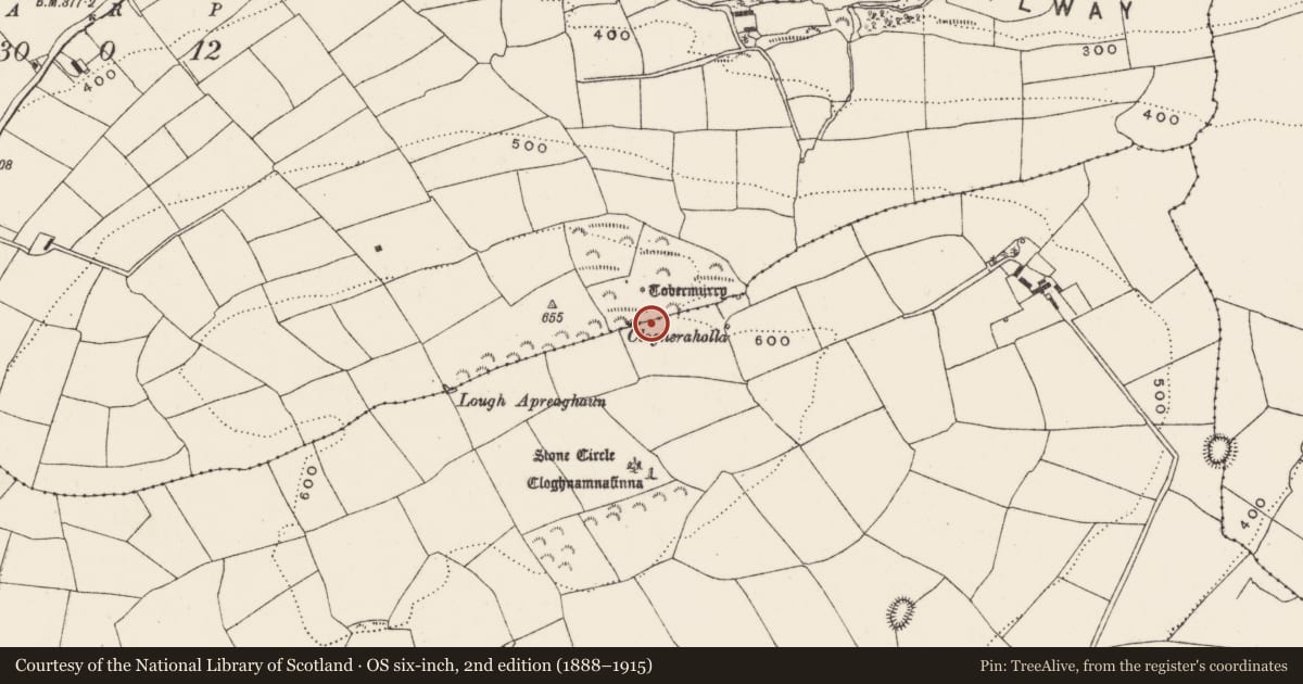 Ordnance Survey six-inch map, 2nd edition (1888–1915) covering the location of Souterrain, Ballymichael, Cloghmacow, County Cork, with a pin at the register's coordinates