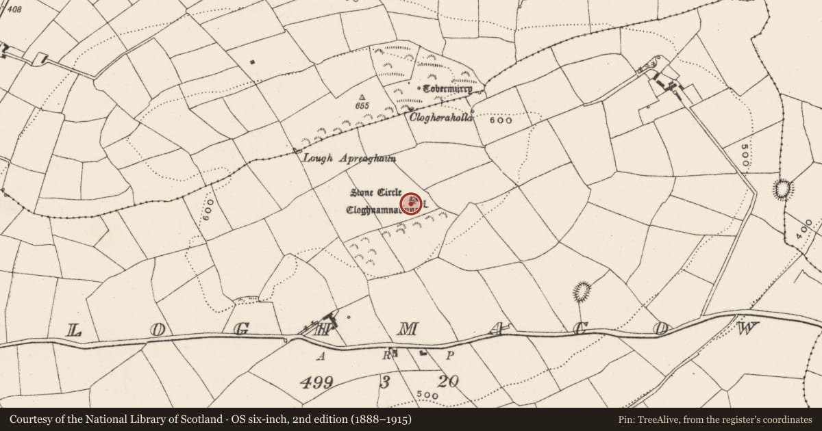 Ordnance Survey six-inch map, 2nd edition (1888–1915) covering the location of Cairn - radial-stone cairn, Cloghmacow, County Cork, with a pin at the register's coordinates