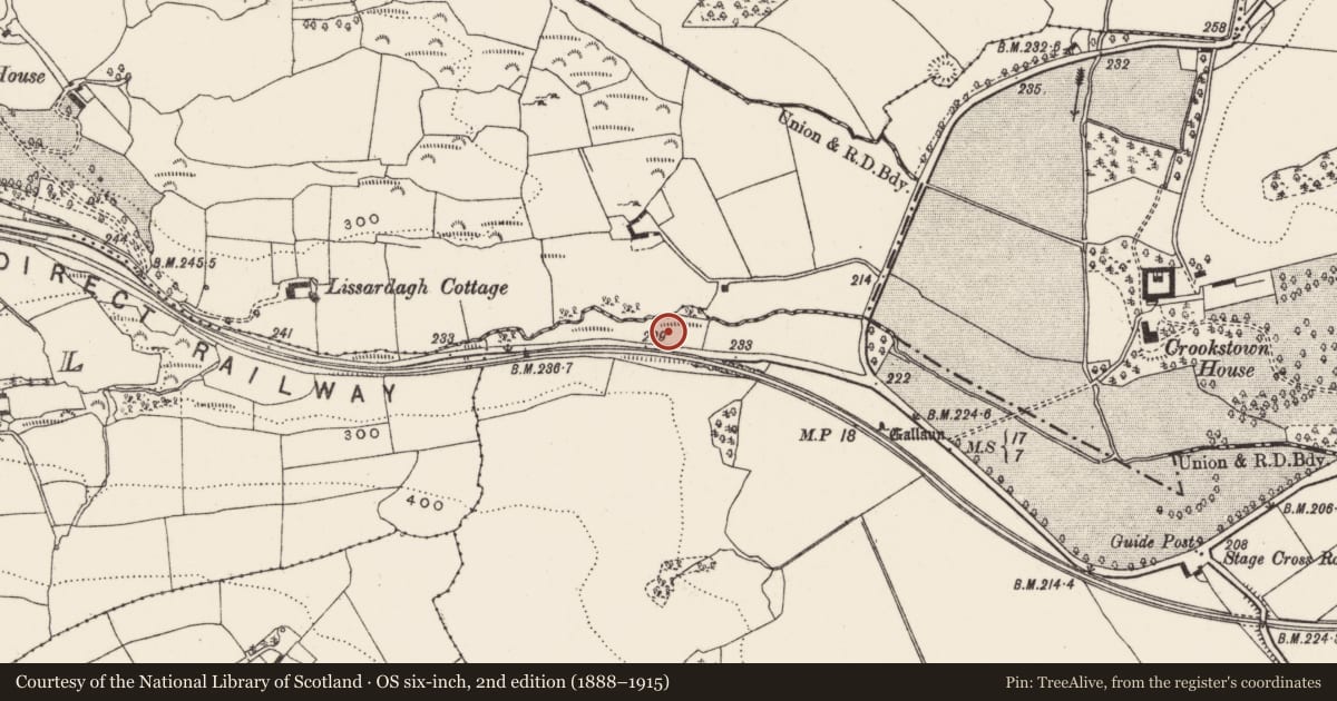 Ordnance Survey six-inch map, 2nd edition (1888–1915) covering the location of Fulacht fia, Clodah, County Cork, with a pin at the register's coordinates