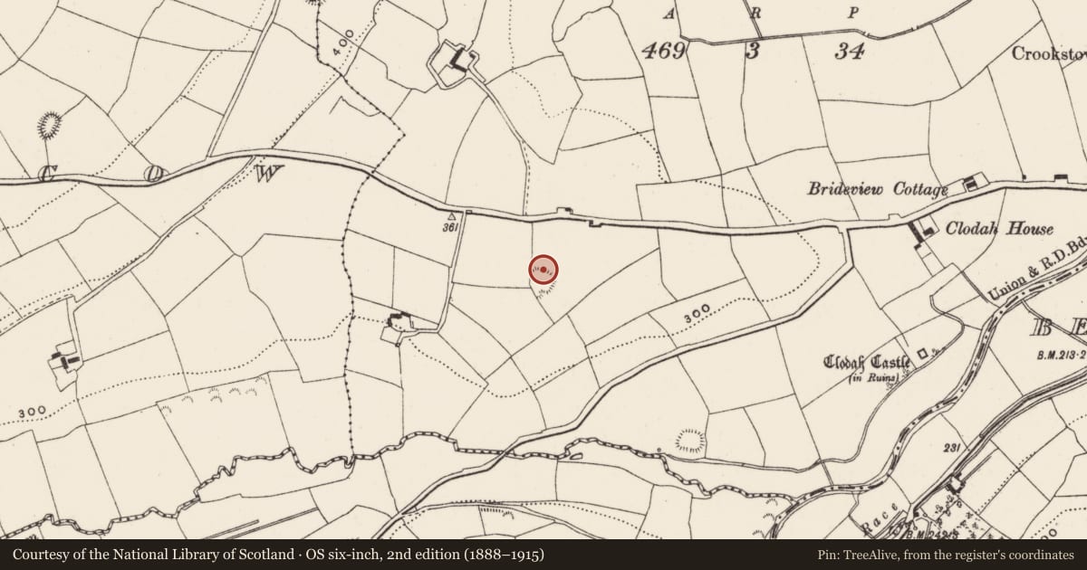 Ordnance Survey six-inch map, 2nd edition (1888–1915) covering the location of Souterrain, Clodah, County Cork, with a pin at the register's coordinates