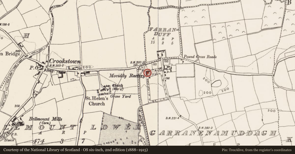 Ordnance Survey six-inch map, 2nd edition (1888–1915) covering the location of Country house, Garranenamuddagh, County Cork, with a pin at the register's coordinates