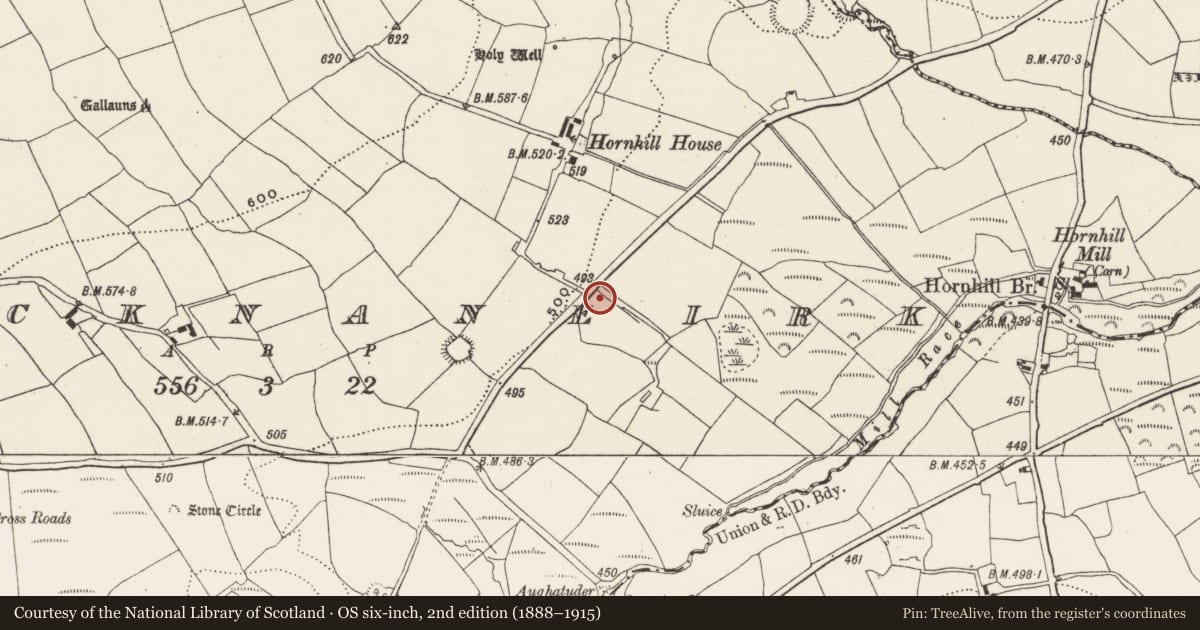 Ordnance Survey six-inch map, 2nd edition (1888–1915) covering the location of Fulacht fia, Knocknaneirk, County Cork, with a pin at the register's coordinates