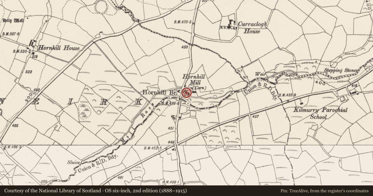 Ordnance Survey six-inch map, 2nd edition (1888–1915) covering the location of Mill - corn, Knocknaneirk, County Cork, with a pin at the register's coordinates