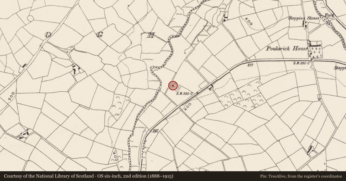 Ordnance Survey six-inch map, 2nd edition (1888–1915) covering the location of Moated site, Poularick, County Cork, with a pin at the register's coordinates