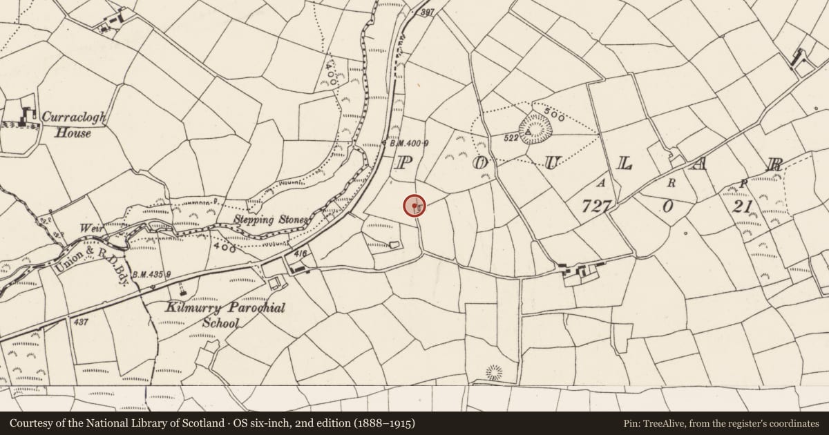 Ordnance Survey six-inch map, 2nd edition (1888–1915) covering the location of Souterrain, Poularick, County Cork, with a pin at the register's coordinates