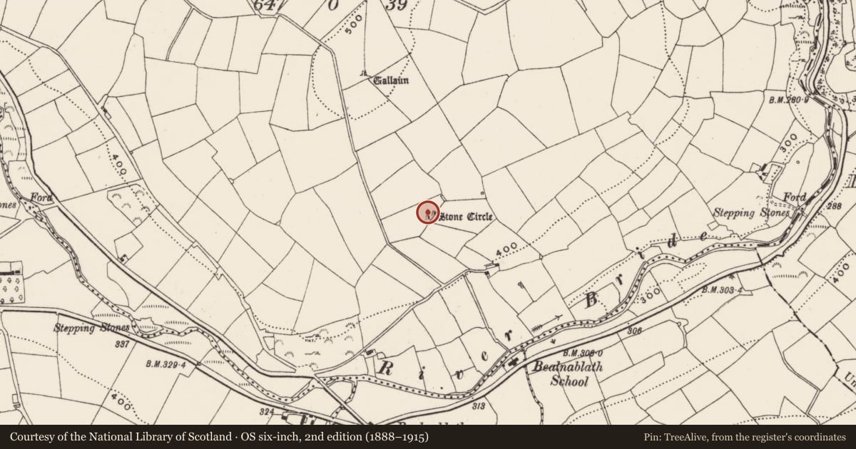 Ordnance Survey six-inch map, 2nd edition (1888–1915) covering the location of Stone circle - multiple-stone, Currabeha, County Cork, with a pin at the register's coordinates
