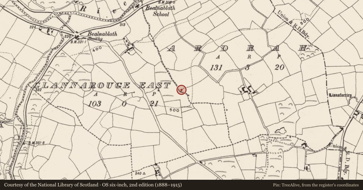 Ordnance Survey six-inch map, 2nd edition (1888–1915) covering the location of Fulacht fia, Ardrah, County Cork, with a pin at the register's coordinates