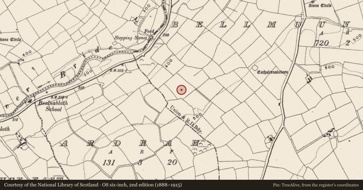 Ordnance Survey six-inch map, 2nd edition (1888–1915) covering the location of Fulacht fia, Bellmount Upper, County Cork, with a pin at the register's coordinates