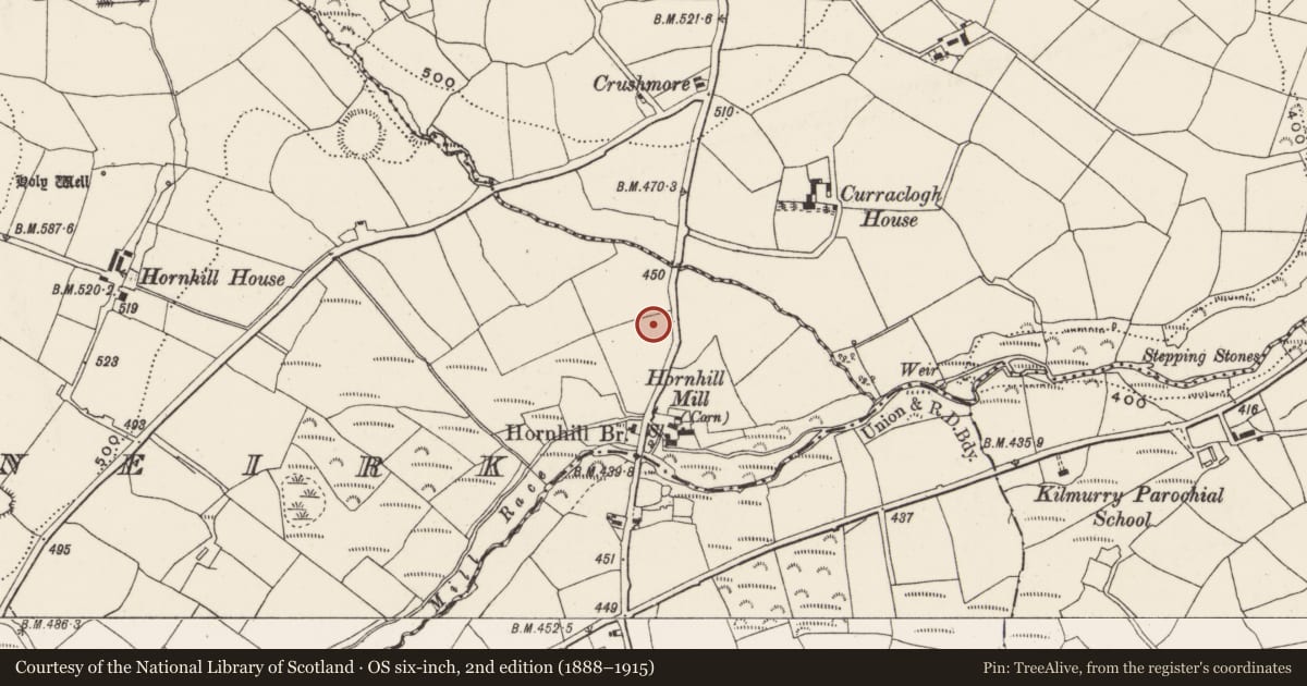 Ordnance Survey six-inch map, 2nd edition (1888–1915) covering the location of Souterrain, Knocknaneirk, County Cork, with a pin at the register's coordinates