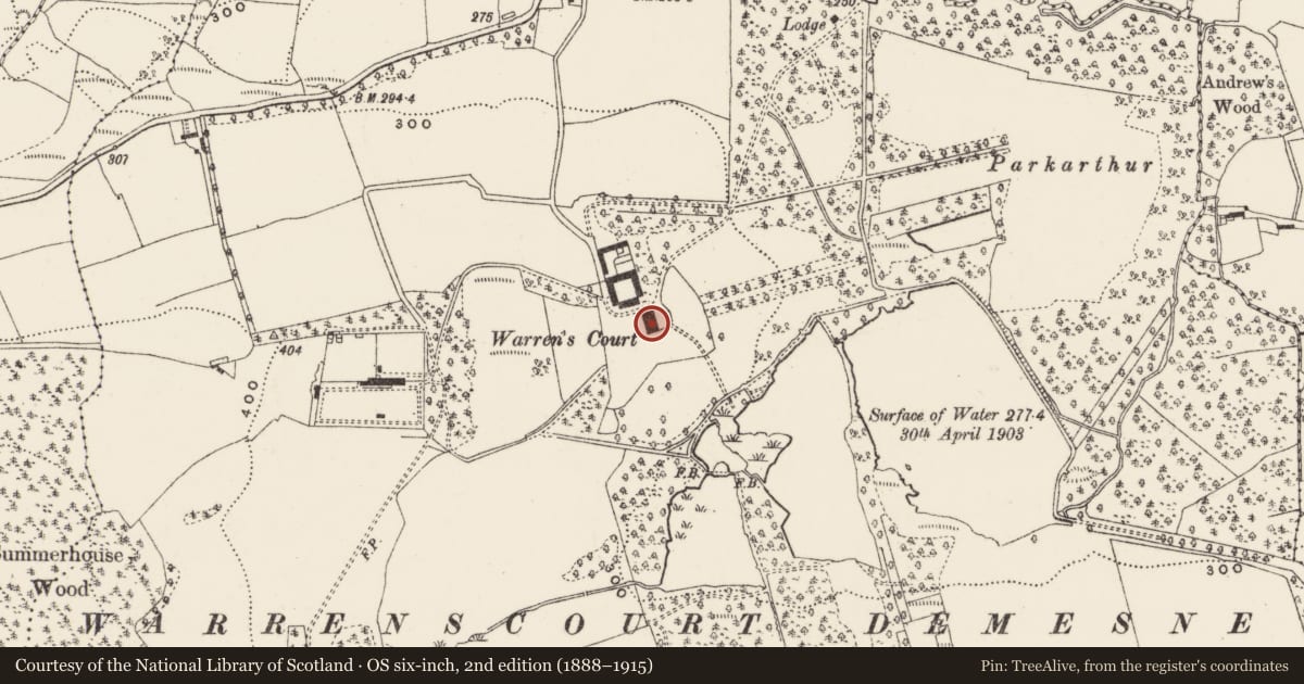 Ordnance Survey six-inch map, 2nd edition (1888–1915) covering the location of Country house, Kilbarry (Muskerry West By., Ballinadee Par.), County Cork, with a pin at the register's coordinates
