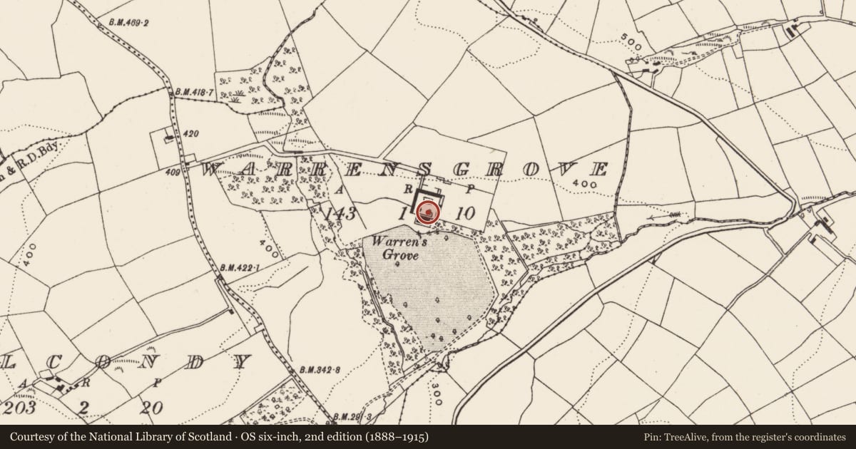 Ordnance Survey six-inch map, 2nd edition (1888–1915) covering the location of Country house, Warrensgrove, County Cork, with a pin at the register's coordinates