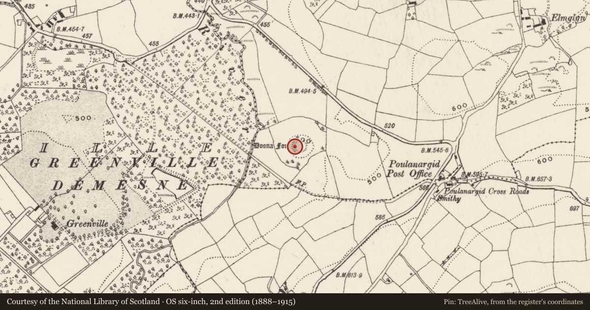 Ordnance Survey six-inch map, 2nd edition (1888–1915) covering the location of Souterrain, Dunmarklun, County Cork, with a pin at the register's coordinates