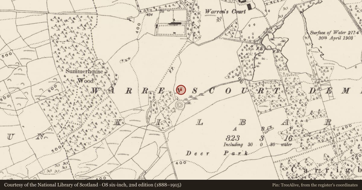 Ordnance Survey six-inch map, 2nd edition (1888–1915) covering the location of Fulacht fia, Kilbarry (Muskerry West By., Ballinadee Par.), County Cork, with a pin at the register's coordinates