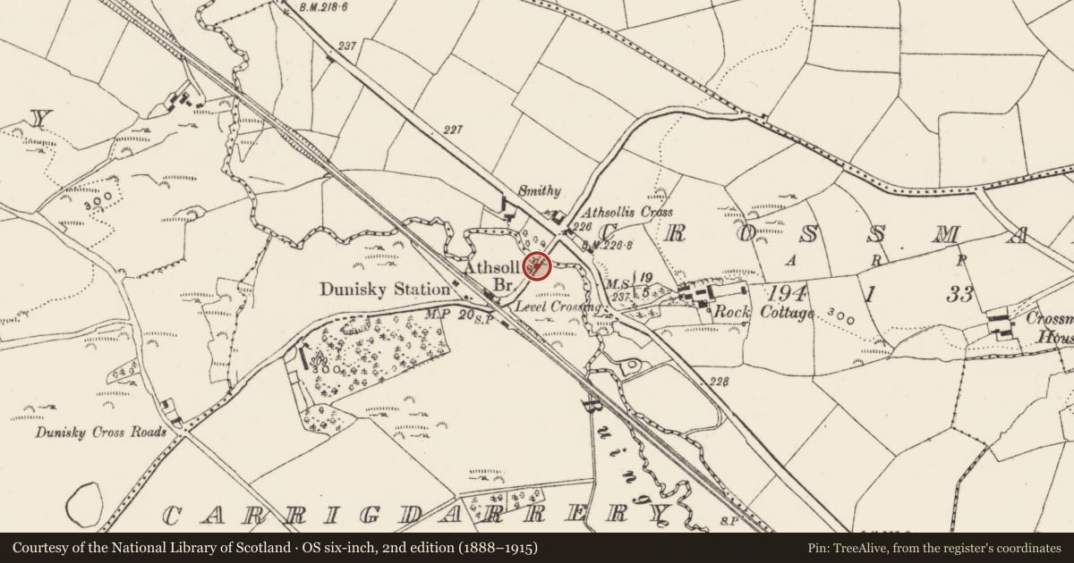 Ordnance Survey six-inch map, 2nd edition (1888–1915) covering the location of Bridge, Carrigdarrery, County Cork, with a pin at the register's coordinates