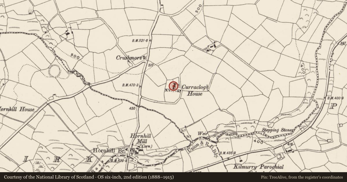 Ordnance Survey six-inch map, 2nd edition (1888–1915) covering the location of Country house, Curraclogh, County Cork, with a pin at the register's coordinates