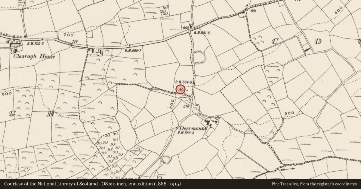Ordnance Survey six-inch map, 2nd edition (1888–1915) covering the location of Fulacht fia, Kilbarry (Muskerry West By., Ballinadee Par.), County Cork, with a pin at the register's coordinates
