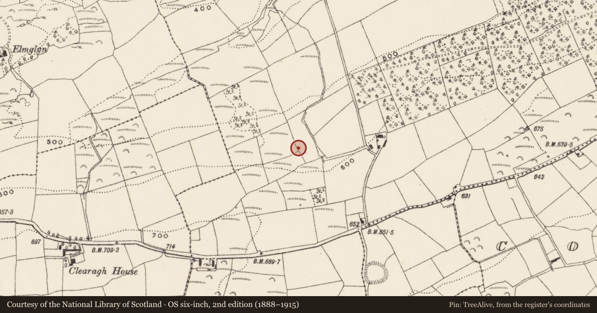 Ordnance Survey six-inch map, 2nd edition (1888–1915) covering the location of Fulacht fia, Kilbarry (Muskerry West By., Ballinadee Par.), County Cork, with a pin at the register's coordinates