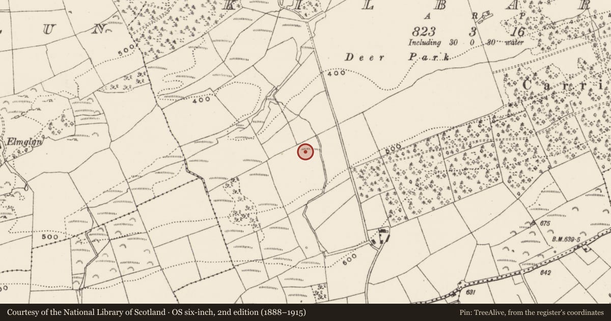 Ordnance Survey six-inch map, 2nd edition (1888–1915) covering the location of Fulacht fia, Kilbarry (Muskerry West By., Ballinadee Par.), County Cork, with a pin at the register's coordinates