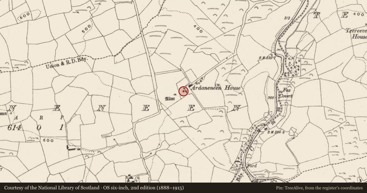 Ordnance Survey six-inch map, 2nd edition (1888–1915) covering the location of Country house, Ardaneneen, County Cork, with a pin at the register's coordinates