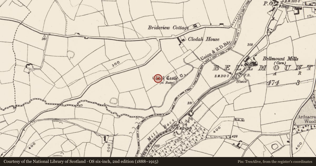 Ordnance Survey six-inch map, 2nd edition (1888–1915) covering the location of Enclosure, Clodah, County Cork, with a pin at the register's coordinates