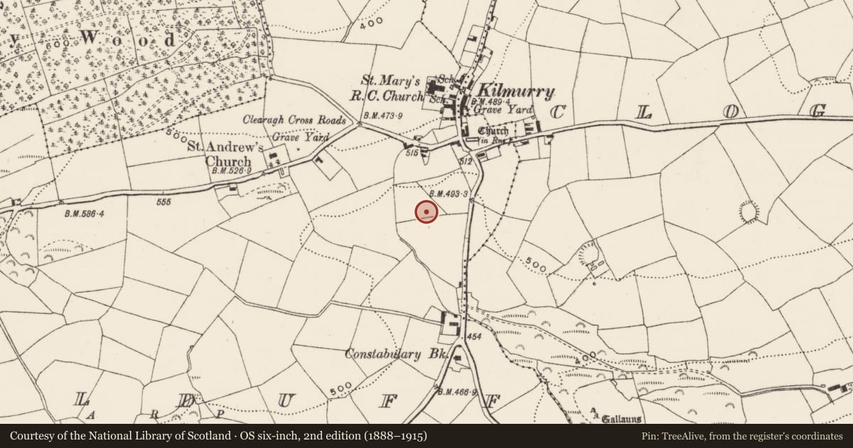 Ordnance Survey six-inch map, 2nd edition (1888–1915) covering the location of Burnt spread, Coolduff, County Cork, with a pin at the register's coordinates