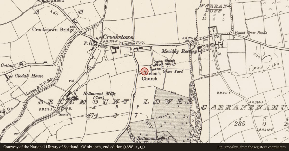 Ordnance Survey six-inch map, 2nd edition (1888–1915) covering the location of Bullaun stone (present location), Bellmount Lower, County Cork, with a pin at the register's coordinates