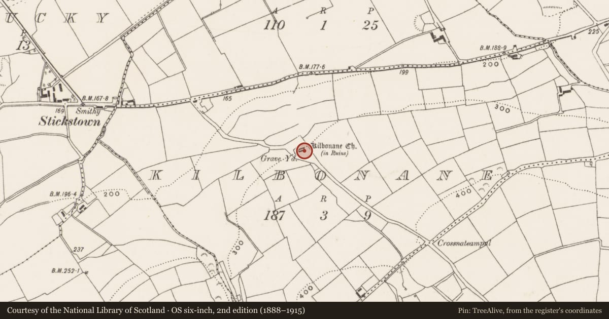 Ordnance Survey six-inch map, 2nd edition (1888–1915) covering the location of Graveyard, Kilbonane, County Cork, with a pin at the register's coordinates