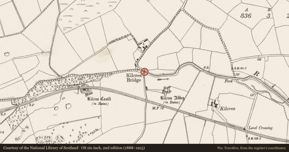 Ordnance Survey six-inch map, 2nd edition (1888–1915) covering the location of Bridge, Kilcrea, County Cork, with a pin at the register's coordinates