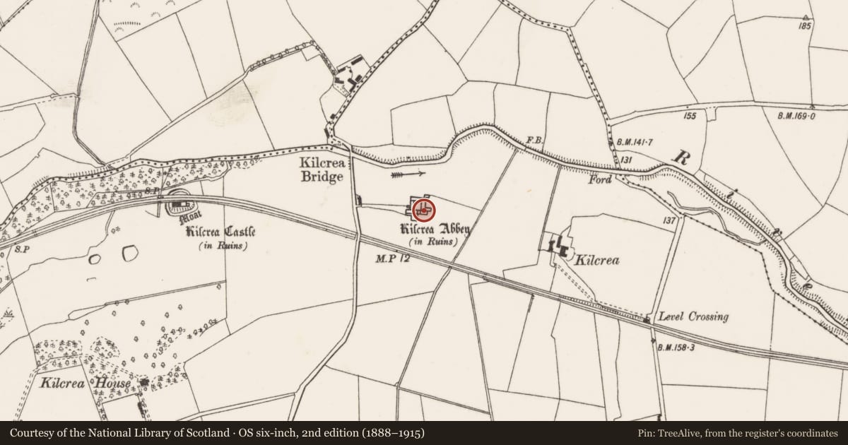 Ordnance Survey six-inch map, 2nd edition (1888–1915) covering the location of Religious house - Franciscan friars, Kilcrea, County Cork, with a pin at the register's coordinates