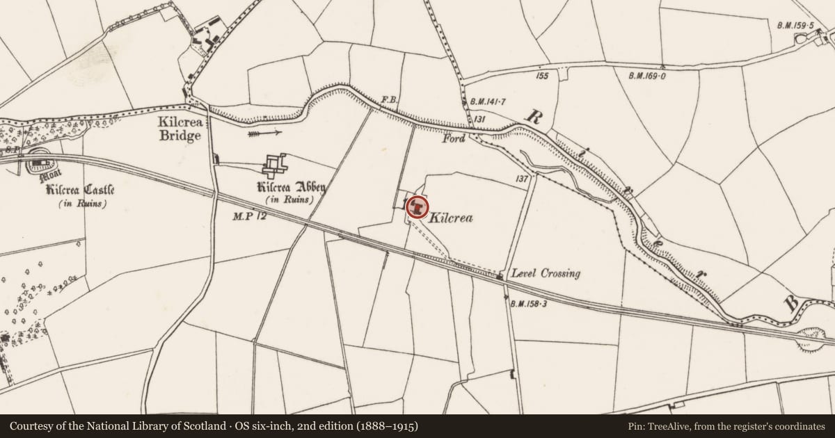 Ordnance Survey six-inch map, 2nd edition (1888–1915) covering the location of Country house, Kilcrea, County Cork, with a pin at the register's coordinates