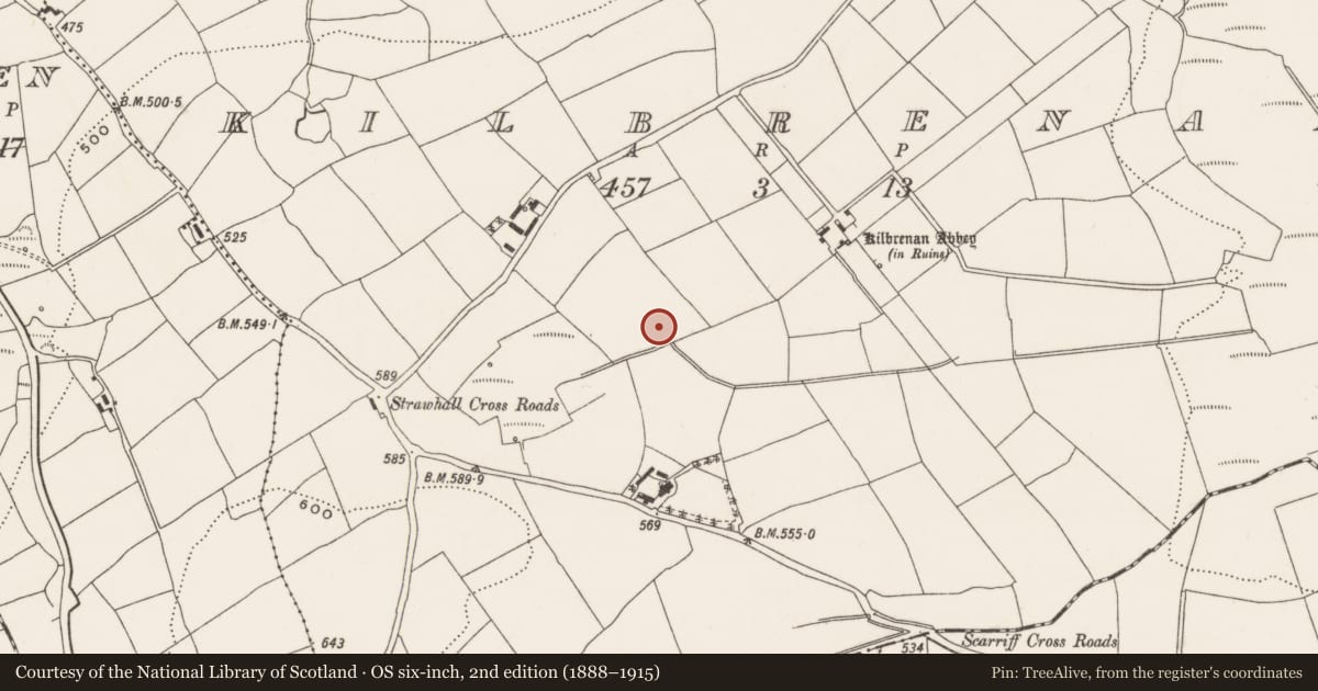 Ordnance Survey six-inch map, 2nd edition (1888–1915) covering the location of Fulacht fia, Kilbrenan, County Cork, with a pin at the register's coordinates