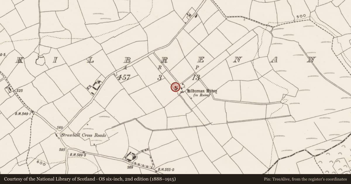 Ordnance Survey six-inch map, 2nd edition (1888–1915) covering the location of Religious house - unclassified, Kilbrenan, County Cork, with a pin at the register's coordinates