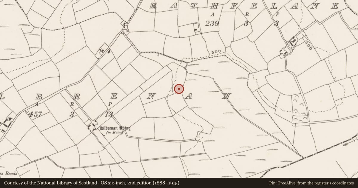 Ordnance Survey six-inch map, 2nd edition (1888–1915) covering the location of Fulacht fia, Kilbrenan, County Cork, with a pin at the register's coordinates