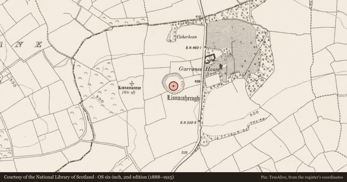 Ordnance Survey six-inch map, 2nd edition (1888–1915) covering the location of Ringfort - rath, Garranes, County Cork, with a pin at the register's coordinates