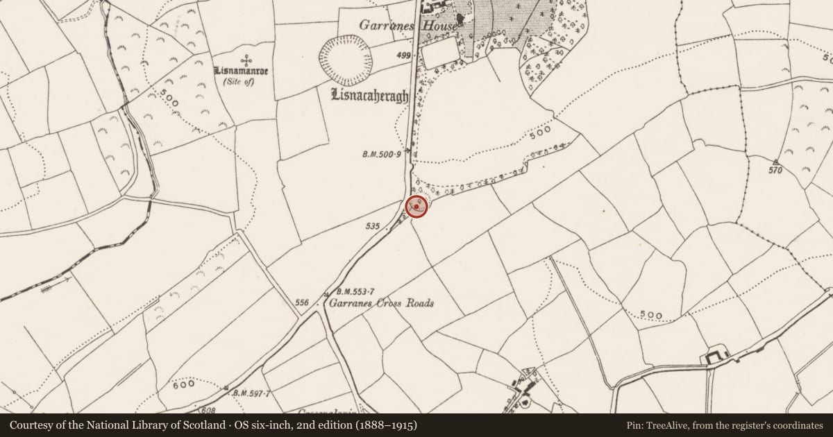 Ordnance Survey six-inch map, 2nd edition (1888–1915) covering the location of Souterrain, Garranes, County Cork, with a pin at the register's coordinates